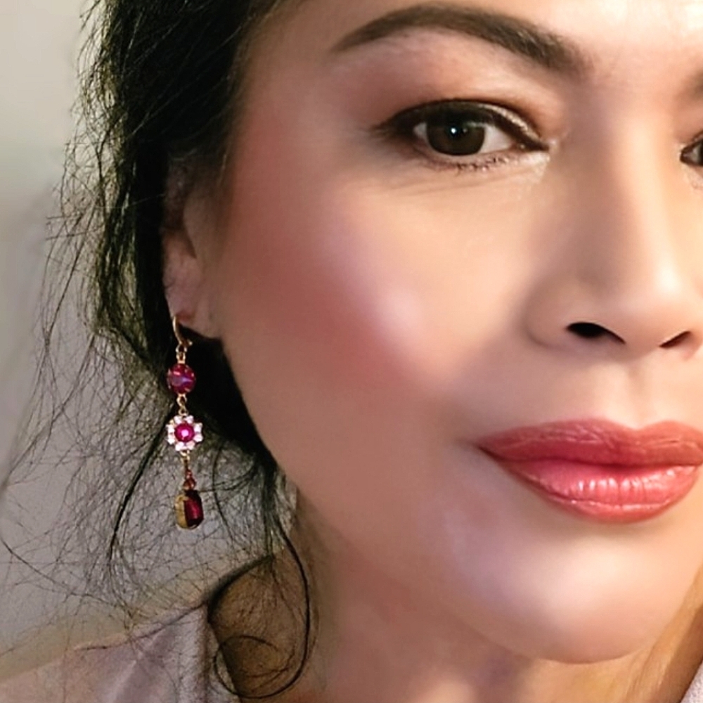 Victorian Fuchsia & Pink AB Swarovski & Flower Crystals In Long Ornate Earrings - Picture 8 of 8